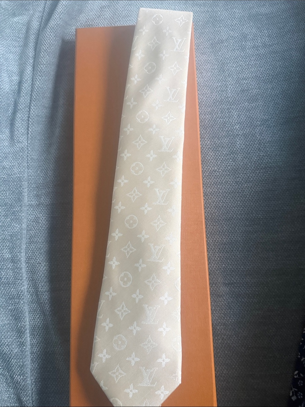 Source Unknown Cream Monogram Silk Tie